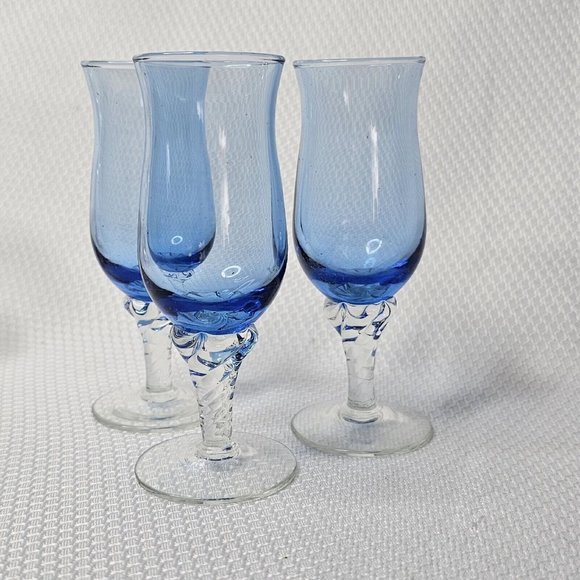3 Vintage Blue Twisted Stem Shot Aperitif Cordial Glasses 4.5" barware stemware - Picture 2 of 10